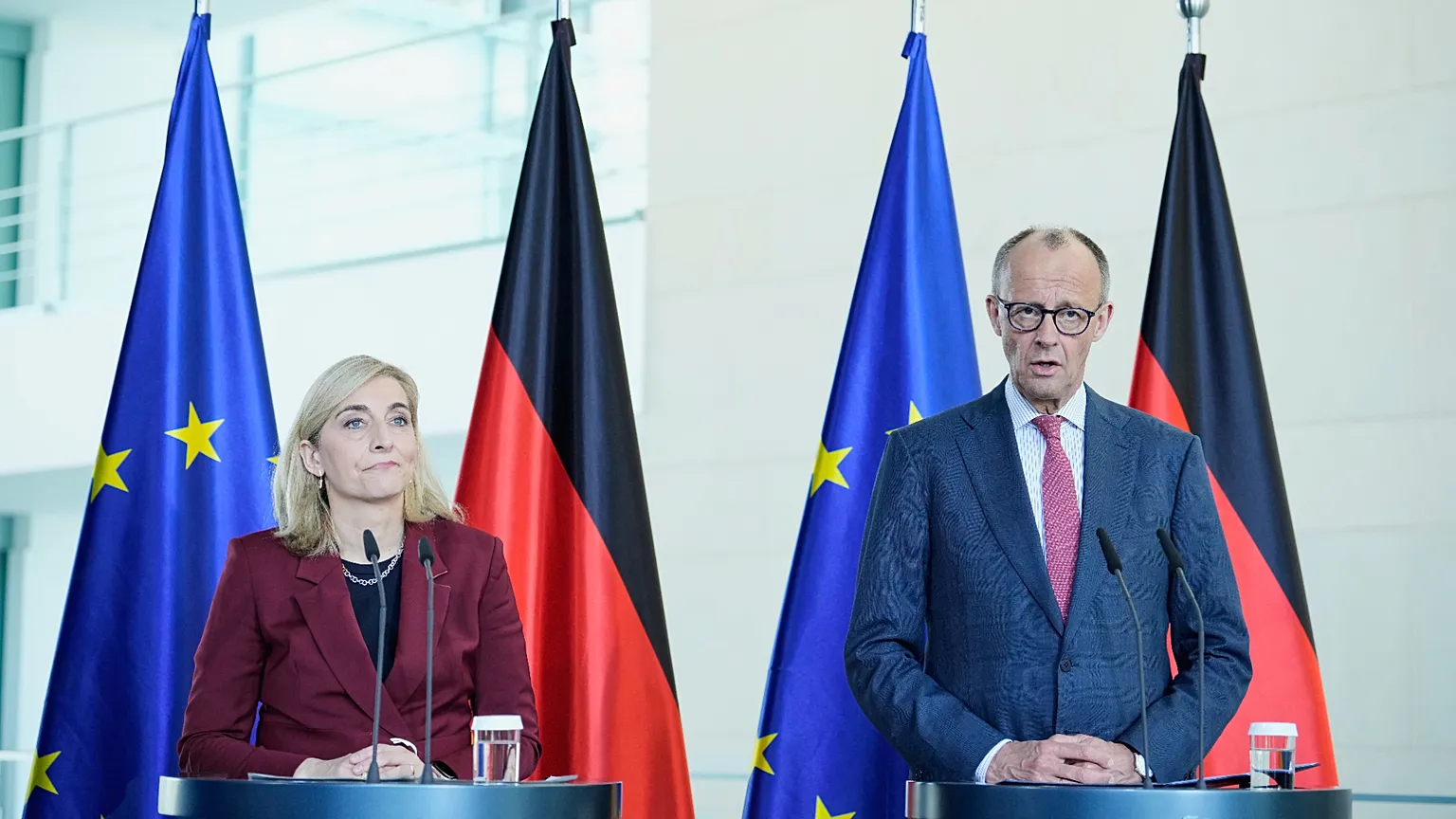 German Chancellor Friedrich Merz and Health Minister Nina Warken at a press conference after a cabinet meeting in Berlin, 29 April 2026.