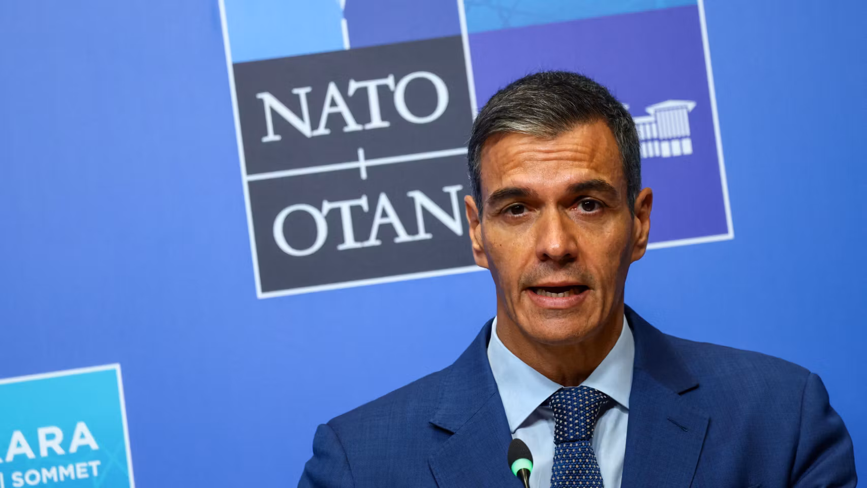 Pedro Sánchez durante la rueda de prensa ofrecida en la cumbre de la OTAN.