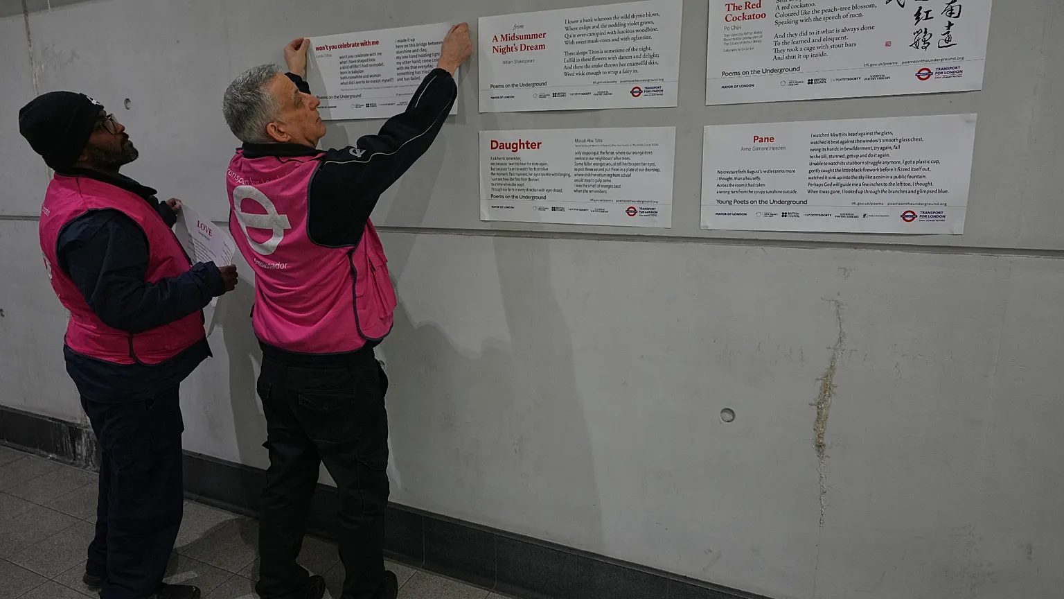TFL ambassadors display poems at a gathering to celebrate 40 years of 'Poems on the Underground' in London, Friday, 30 Jan., 2026. (AP Photo/Kirsty Wigglesworth)