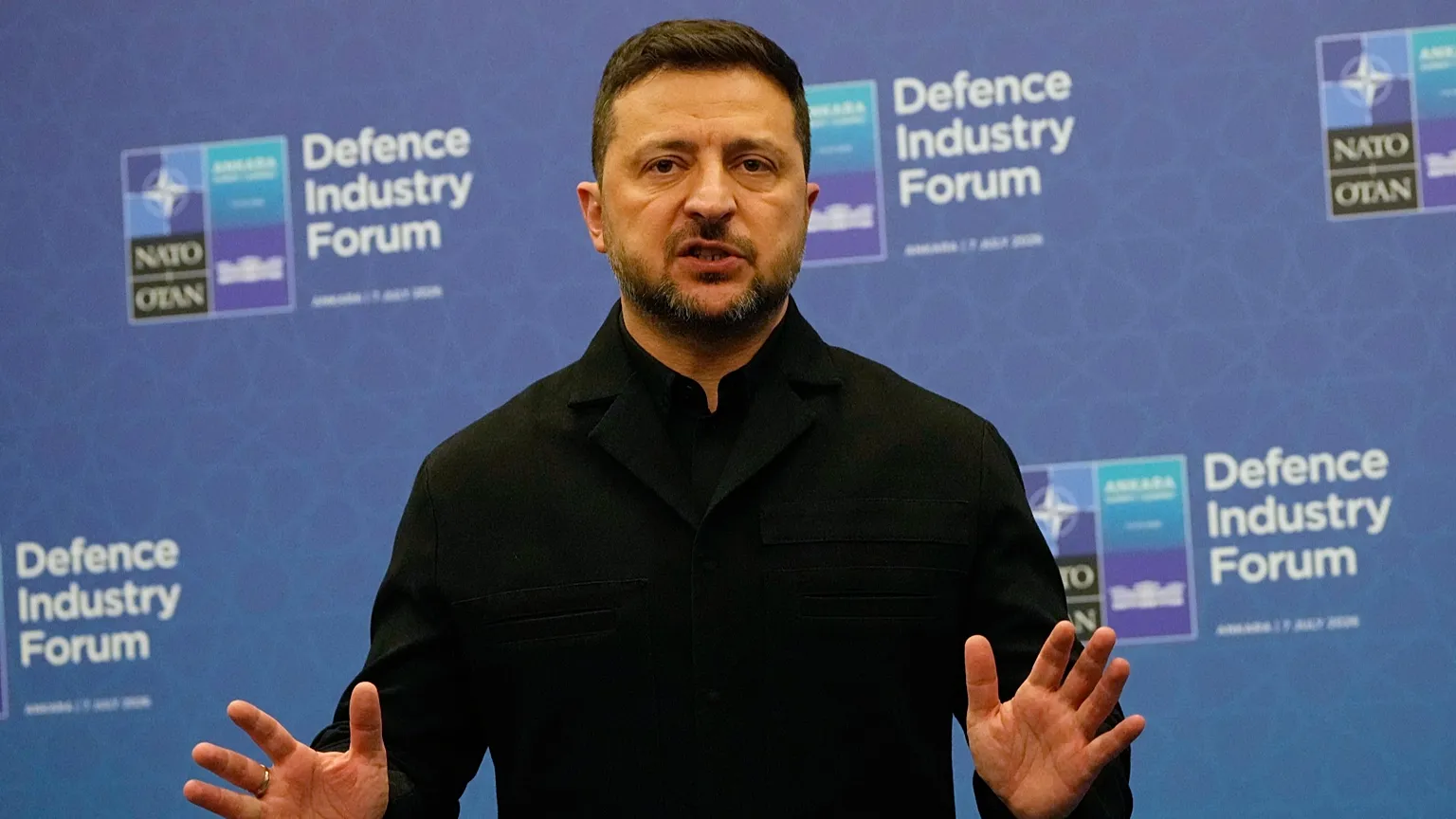 Ukraine's President Volodymyr Zelenskyy addresses the media on the sidelines of the NATO summit in Ankara, Turkey, 7 July.