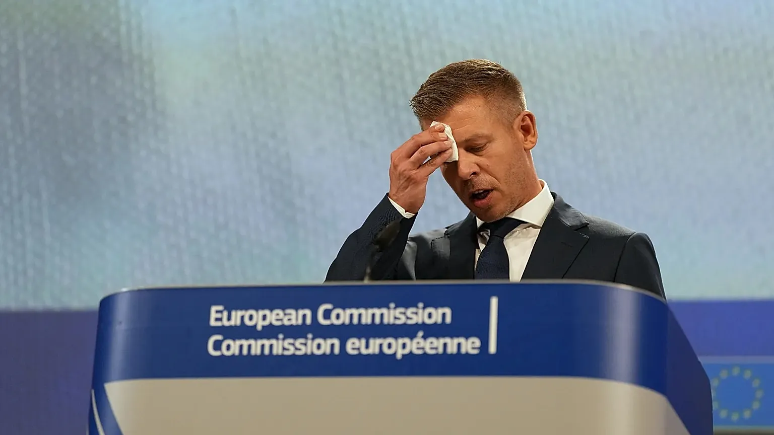 Hungary's Prime Minister Péter Magyar addresses the media at EU headquarters in Brussels, Friday, May 29, 2026. (AP Photo/Virginia Mayo)
