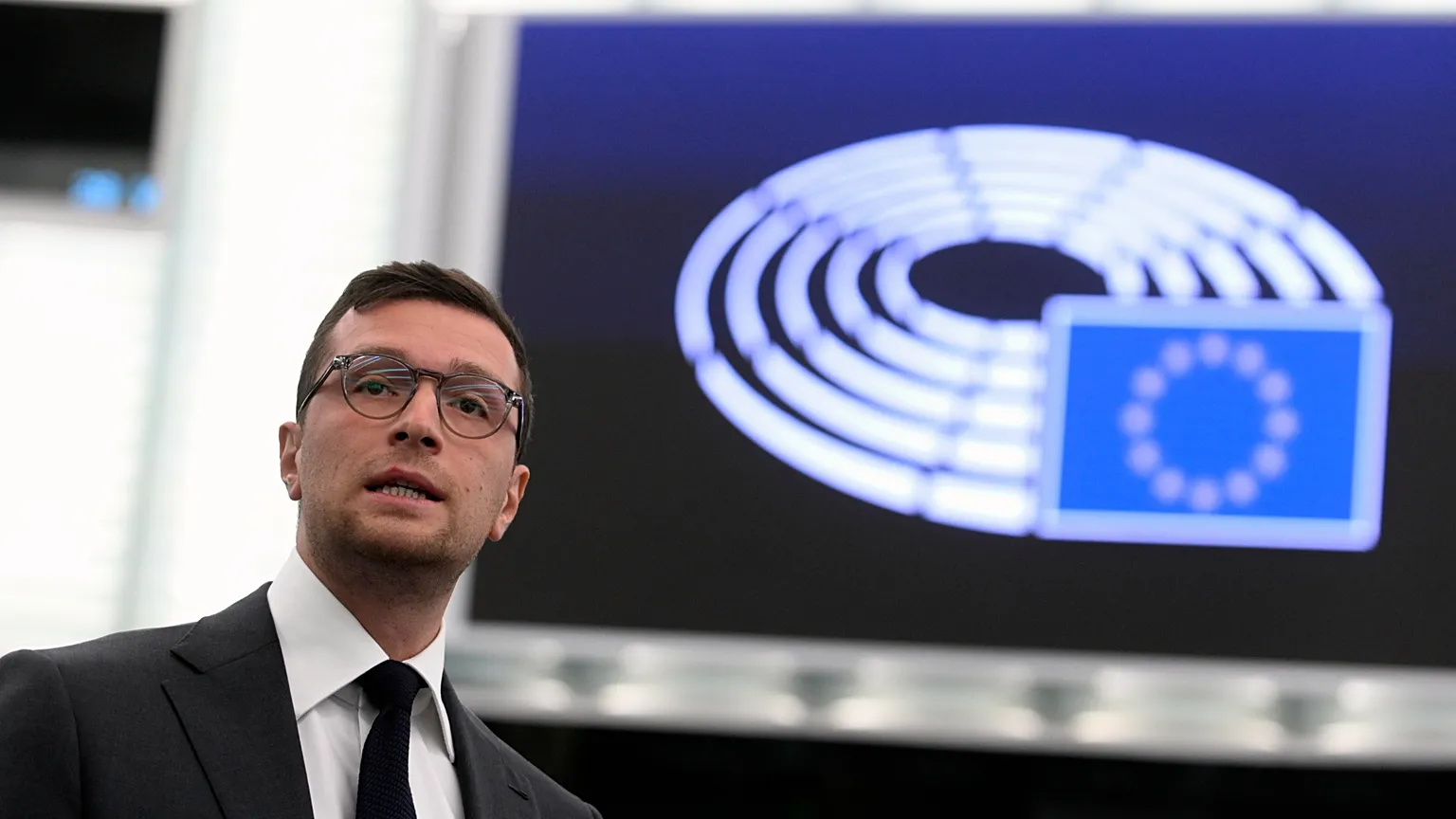 French far-right National Rally president Jordan Bardella, Monday, Oct. 6, 2025 at the European Parliament in Strasbourg, eastern France.