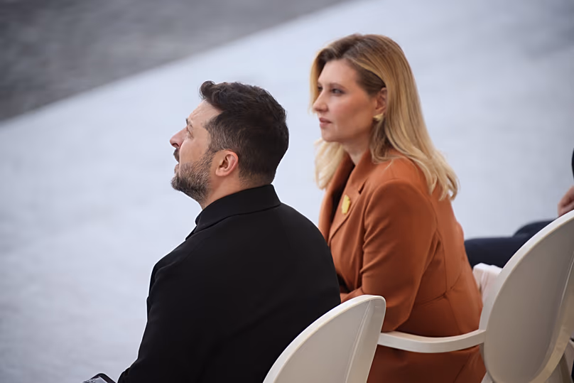 Ukraine's President Volodymyr Zelensky and his wife Olena Zelenska attend the Bastille Day military parade in Paris, 14 July, 2026