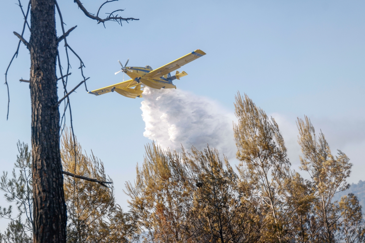 Bomberos actúan ante el incendio originado este miércoles en Gavà (Barcelona). (Quique García/EFE)
