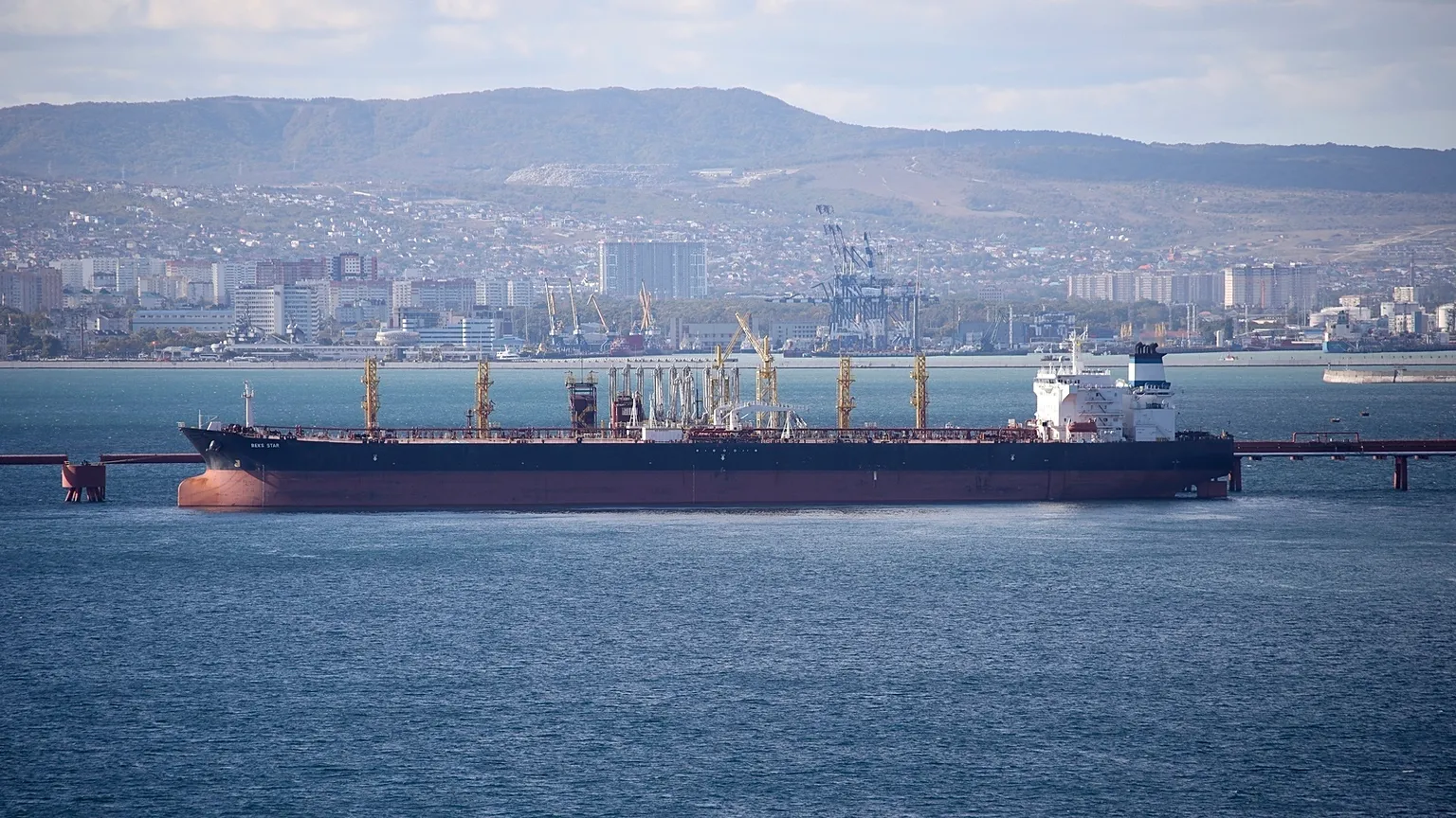 An oil tanker is moored at the Sheskharis complex, part of Chernomortransneft JSC, a subsidiary of Transneft PJSC, in Novorossiysk, Russia, on Oct. 11, 2022. 