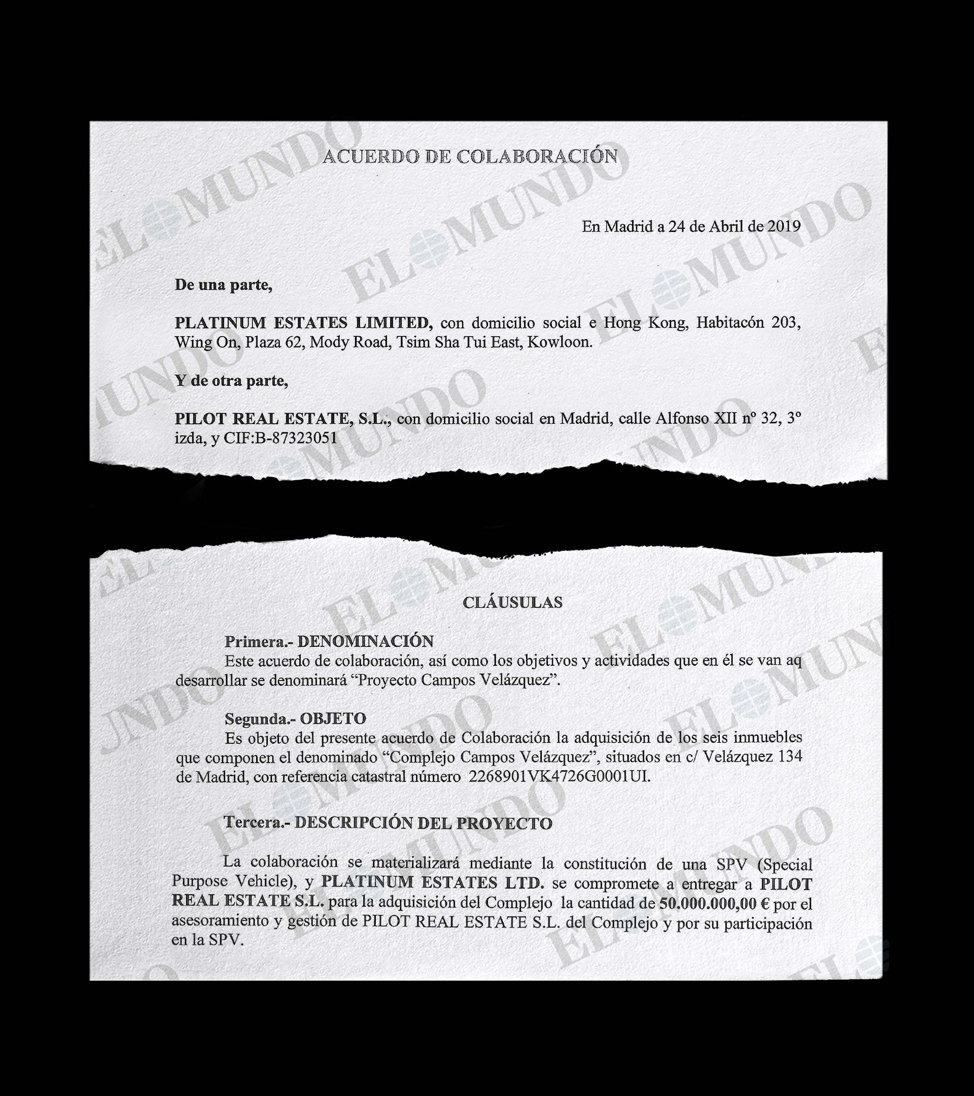 Extracto del contrato suscrito entre el fondo de inversión Platinum Estates Limited y la sociedad Pilot Real Estate.