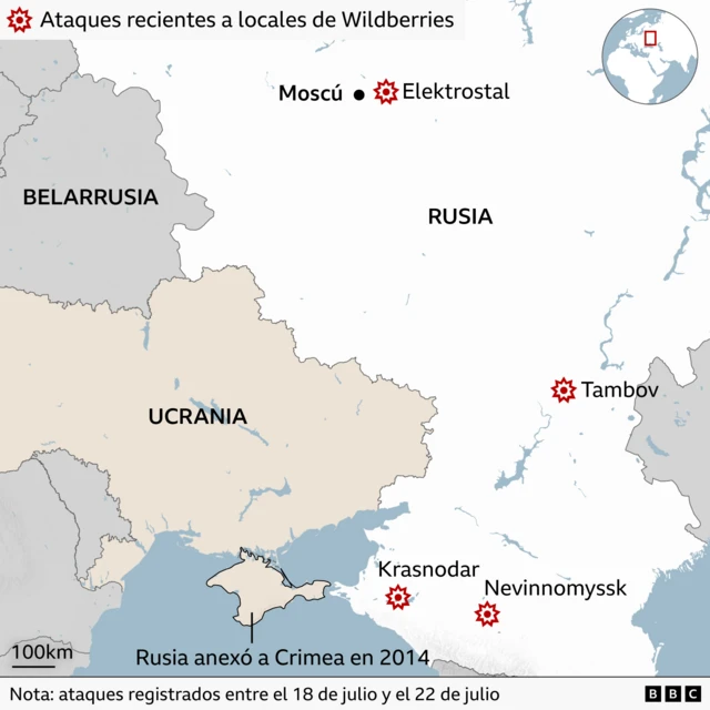 Mapa de los ataque de Ucrania a almaneces de Wildberrries en Rusia. 