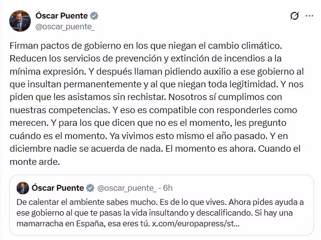 Dos de los mensajes publicados este viernes en X por el ministro Oscar Puente.