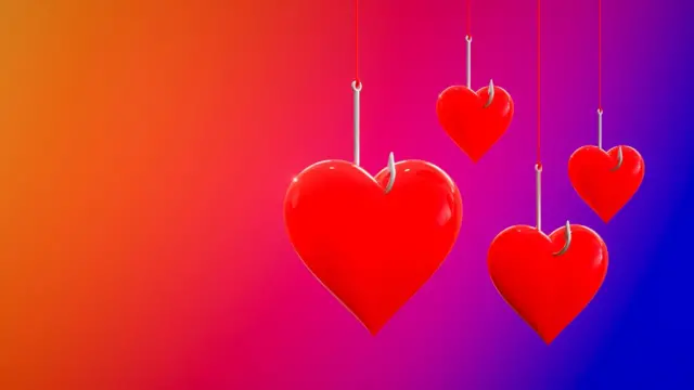 Ilustración de colores brillantes que van del naranja al rosa, morado y azul, con corazones pendiendo de anzuelos de pesca.