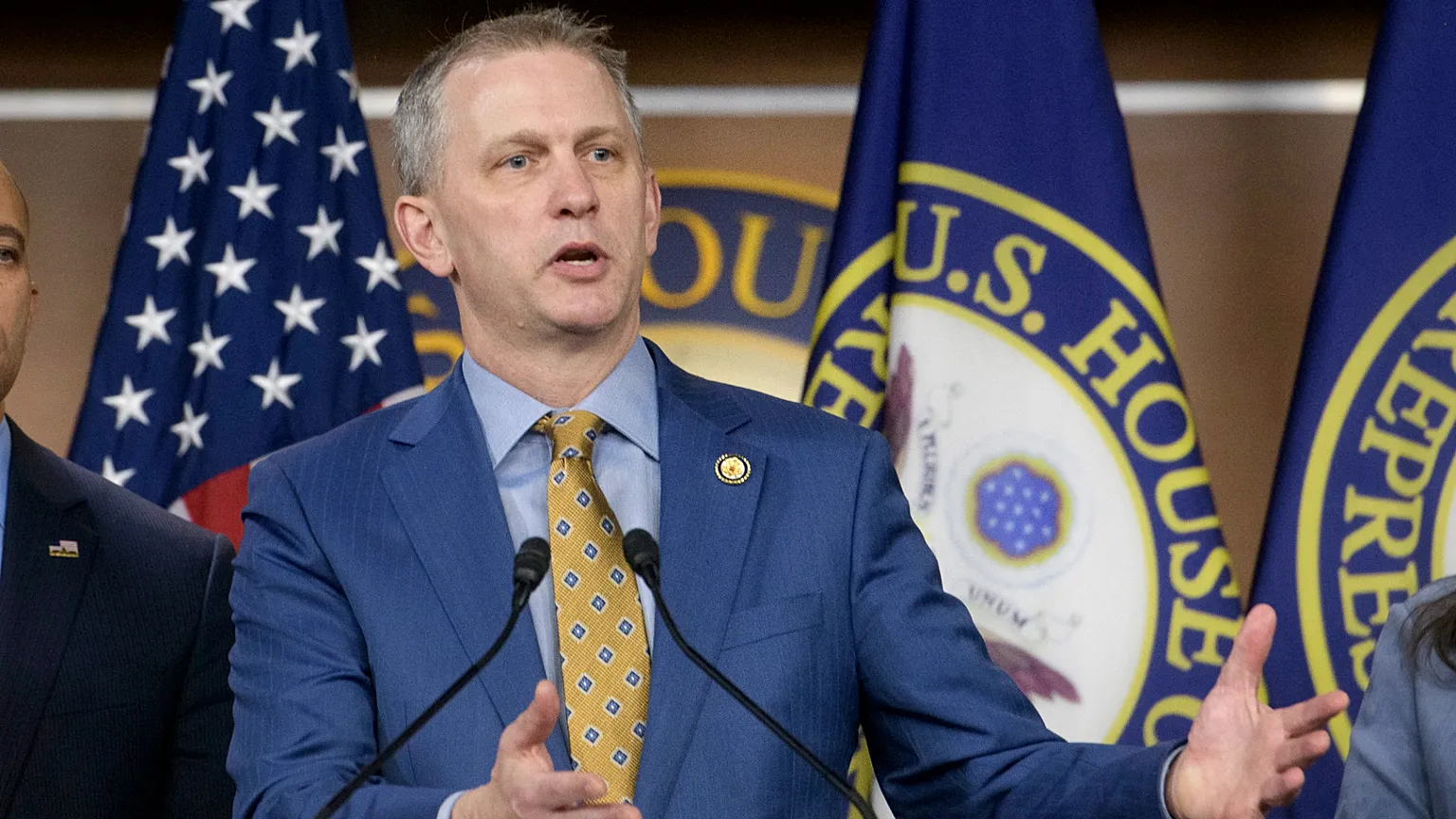 Rep. Sean Casten, D-Ill., speaks during a press conference regarding the Taxpayer Date Protection Act, on Capitol Hill, Thursday, Feb. 6, 2025, in Washington.